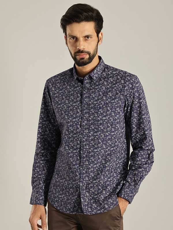 Indian Terrain Men's Slim Fit Full Sleeve Floral print Navy Shirt